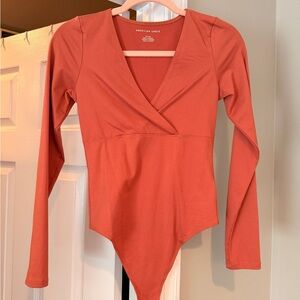 American Eagle Outfitters Rust-Orange Long Sleeve Wrap Bodysuit
